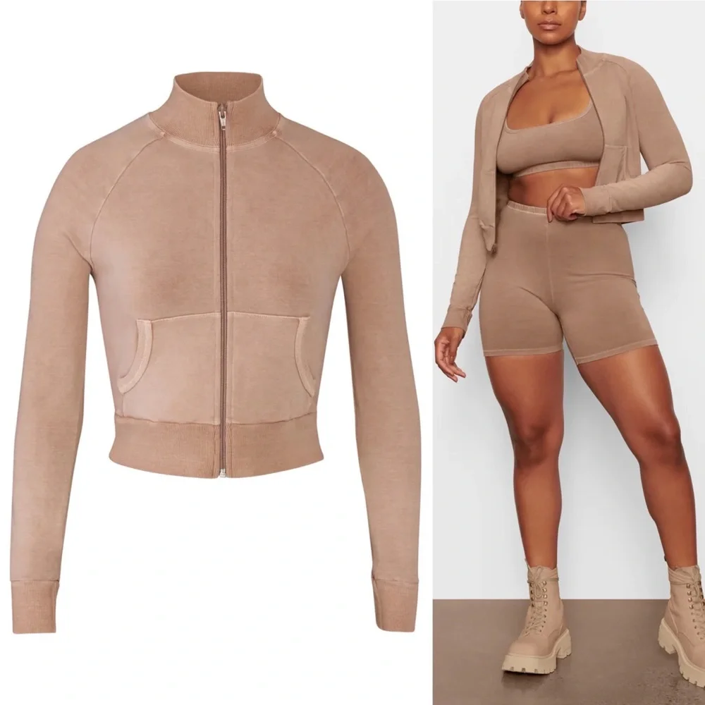 SKIMS Outdoor Track Jacket Mock Neck Zip Up Front Pocket Blush Tigers Eye NEW